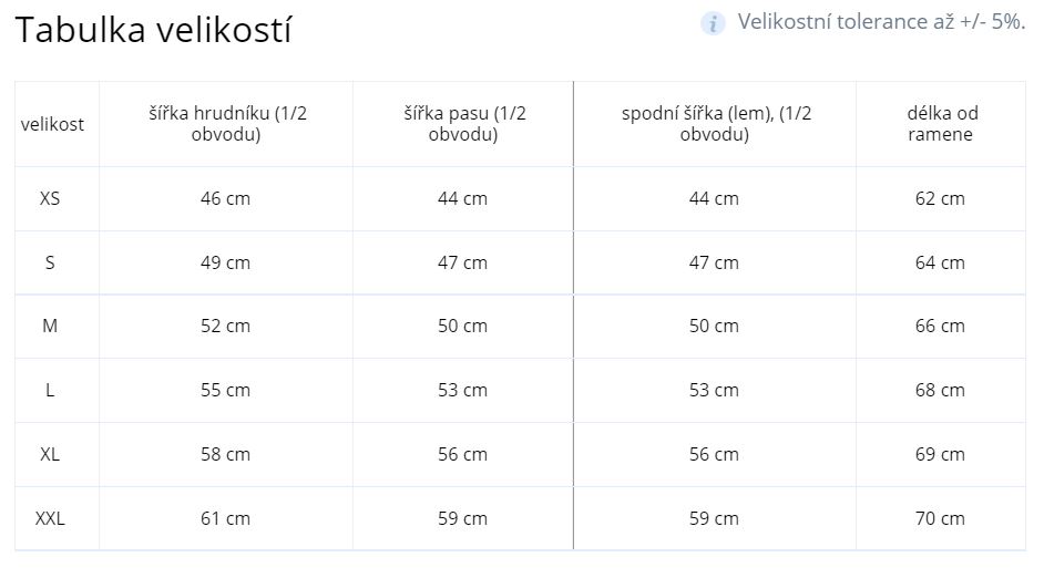 velikosti - trička